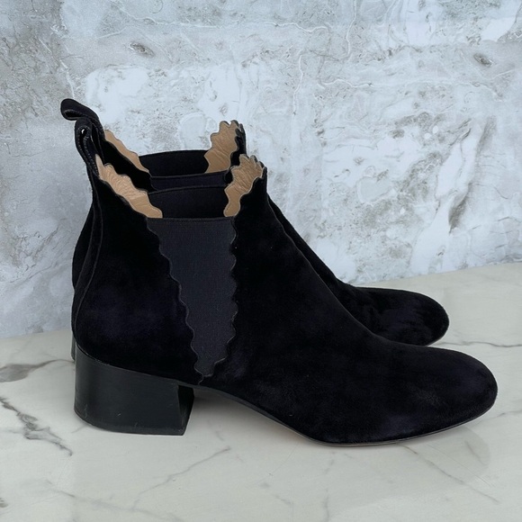 CHLOE Lauren Scalloped Suede Ankle Boot 37.1/2 - Picture 1 of 11